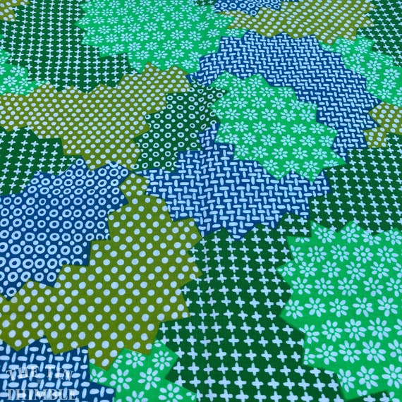 Vintage 1960s Green Blue Faux Quilt Fabric Medium Heavy Weight Cotton Poly Blend 44 Wide