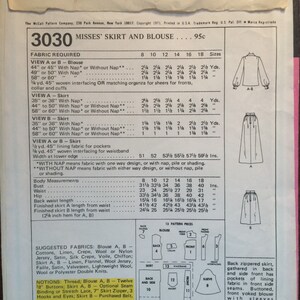 May include: A vintage sewing pattern for a skirt and blouse. The pattern is for sizes 8 to 18 and includes instructions for making a skirt with a back zipper and pockets, and a blouse with gathered cuffs and a notched collar. The pattern is printed on a white background with black text and illustrations.