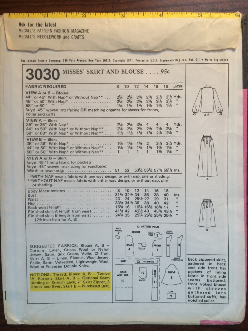 May include: A vintage sewing pattern for a skirt and blouse. The pattern is for sizes 8 to 18 and includes instructions for making a skirt with a back zipper and pockets, and a blouse with gathered cuffs and a notched collar. The pattern is printed on a white background with black text and illustrations.