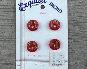 Authentic Vintage 'Exquisit' Red Glass Buttons - Card of 4 - 15mm or 5/8 Inch