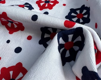 Red White Blue Printed Floral Cotton Fabric - 1 Yard - Authentic Vintage 1970s  Heavy Cotton with Canvas Texure