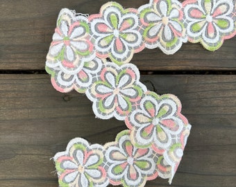 Vintage Embroidered Trim - By the Half Yard - Pink and Green Daisy Organza Trim