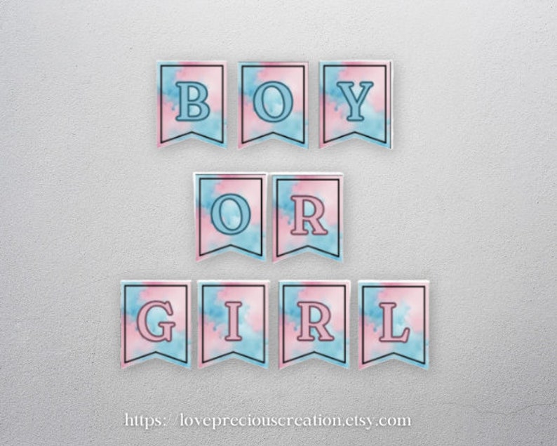 Boy or Girl Banner for Gender Reveal Party, Blue and Pink Watercolor ...