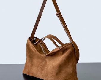 Bolso tote de gamuza, bolso de hombro grande de cuero, bolso tote minimalista de cuero, bolso de hombro de gamuza, bolsos tote de cuero y gamuza