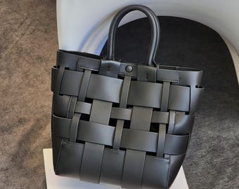 Woven Leather Totes, Leather Woven Shoulder Bag, Genuine Leather Top Handle Bag, Woven Handbags