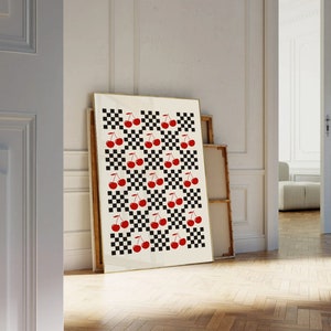 Retro Cherry Checkerboard Print: Bold Geometric Pop Art (Digital Download)