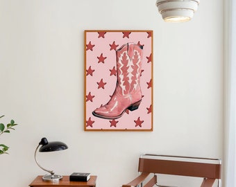 Botas vaqueras rosas con estampado de estrellas, estampado de botas vaqueras, estilo bohemio western, estampado de vaquero rosa, póster rosa femenino, arte vintage de vaquera western