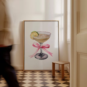 Girly Cocktail Print, Pink Bow Coquette Room Decor, Pink Martini Drink, Cheers Trendy Retro Bar Cart Decor, Champagne Print, Trendy Wall Art