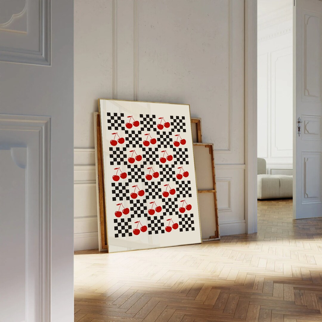Retro Cherry Checkerboard Print: Bold Geometric Pop Art (digital ...