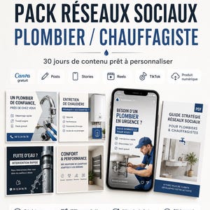 Peut inclure: Un pack de contenu numérique pour réseaux sociaux destiné aux plombiers et chauffagistes par Ana Digital Atelier. Inclut 30 jours de modèles personnalisables pour posts, stories, reels et TikTok, avec images, textes et guide stratégique.