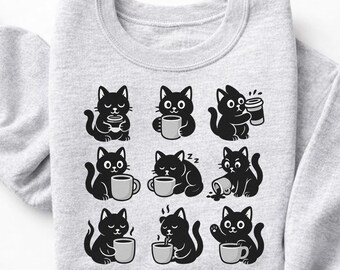 Chemise cadeau chat amateur de café, sweat-shirt café drôle de chat, pull café maman chat, cadeau pour amateur de café