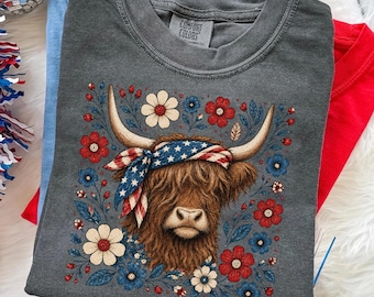 Highland Cow 4th of July Shirt, Patriotic Cow Tee, Floral Highland Cow Gift, Western July 4 TShirt, Independence Day America Pride, USA Tee