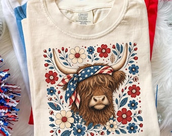 Western 4th of July Shirt Women, Highland Cow Tee, Country Girl Patriotic TShirt, Floral Cow Gift Top, America 250 Independence Day Shirt