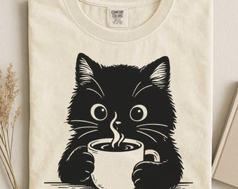 Cat Coffee Shirt, Coffee Cat Tee, Coffee and Cats Tshirt, Funny Cat Lover T-Shirt, Cute Cat Coffee Mug Shirt, Cat Lover Gift