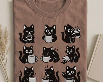 Black Cat Coffee Shirt, Funny Cat Coffee Shirt, Cat Lover Gift, Kawaii Cat Shirt, Coffee Cat Tee, Cute Cat Shirt