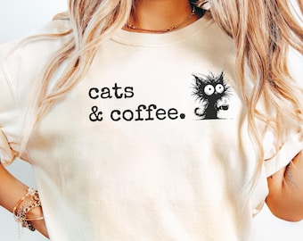 Coffee Cat Shirt, Funny Cat Mom Graphic Tee, Comfort Colors® Caffeine Lover Gift, Cute Cat Lover Top, Barista Meme T-Shirt for Her