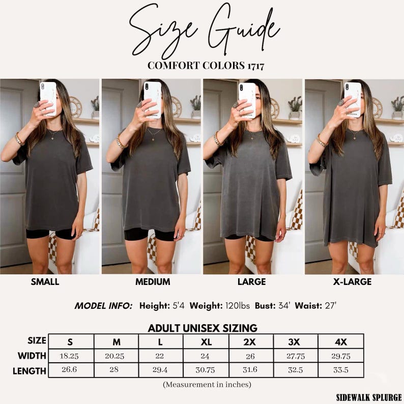 Peut inclure: Image d'un guide des tailles pour les t-shirts Comfort Colors 1717. L'image montre un mod&egrave;le portant le t-shirt en quatre tailles : petit, moyen, grand et tr&egrave;s grand. Le tableau des tailles indique les mesures de largeur et de longueur en pouces.