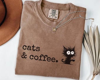 Funny Cat Mom Coffee Shirt, Cute Cat Lover Club T-Shirt, Comfort Colors® Barista Gift for Women, Vintage Cat Meme Tee, Retro Dad Graphic Top