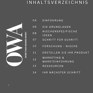 May include: A black and white image with the German word "Inhaltsverzeichnis" (Table of Contents) at the top. The image lists 10 steps for creating a business, including "Einführung" (Introduction), "Die Grundlagen" (The Basics), "Nischenspezifische Ideen" (Niche-Specific Ideas), "Schritt für Schritt" (Step by Step), "Forschung - Nische" (Research - Niche), "Erstellen Sie Ihr Produkt" (Create Your Product), "Marketing & Markteinführung" (Marketing & Launch), "Ressourcen" (Resources), and "Ihr nächster Schritt" (Your Next Step).