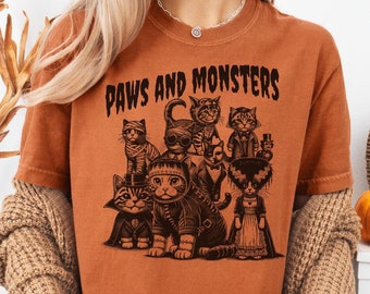 Chemise monstres chat Halloween couleurs confort, pattes et monstres, jolie chemise chat, t-shirt chats effrayants, cadeau d'Halloween drôle, amateurs de chats effrayants