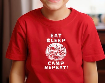 Kids Eat Sleep Camp Repeat Shirt Camping Life Outdoor Adventure Family Camping Trip Nature Lover Camp Routine Funny Camping Kids Tee