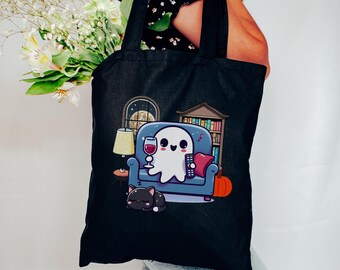 Sac fourre-tout fantôme Halloween TV vin, joli sac d'Halloween fantôme, fourre-tout d'Halloween kawaii, sac de saison fantasmagorique, sac fourre-tout des bonbons ou un sort, mode automne