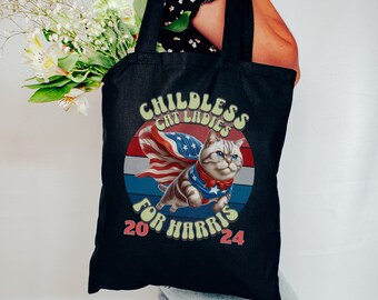 Sac fourre-tout en toile sans enfant Cat Lady pour femme, Anti Trump, Sac Kamala Harris, Cadeaux pour femme, Sac Cat Lady, Élection 2024, Vote démocrate