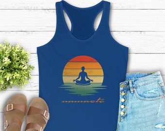Women's Vintage Sunset Namaste Yoga Tank Top Yoga Racerback Shirt, Namaste Workout Tank Cute Yoga Apparel Fitness Gym Top Yoga Gift for Her