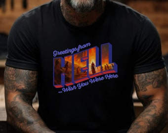 Greetings from HELL Vintage Style Graphic T-Shirt, Funny Postcard Tee, Heavy Metal Humor, Retro Hell Shirt, Gift for Metalheads, Dark Humor