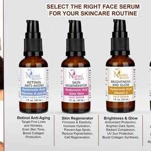 May include: Four brown glass bottles of face serum with black pumps are displayed. Each bottle has a white label with the brand name "Noemi Beauty" and product information. The text "Select the Right Face Serum for Your Skincare Routine" is at the top.
