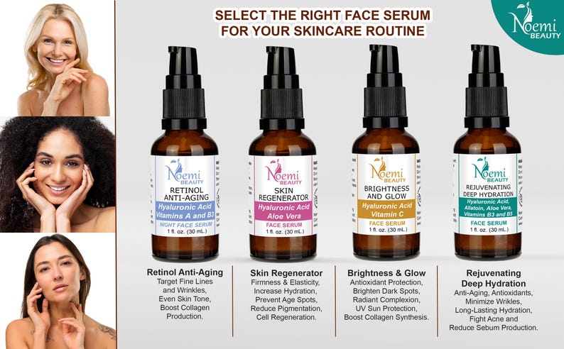 May include: Four brown glass bottles of face serum with black pumps are displayed. Each bottle has a white label with the brand name "Noemi Beauty" and product information. The text "Select the Right Face Serum for Your Skincare Routine" is at the top.