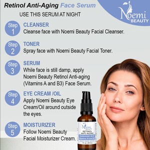 May include: A brown glass bottle of Noemi Beauty Retinol Anti-Aging Face Serum with a black pump dispenser. The label includes text about the product's ingredients and use. The image also shows a woman applying the serum to her face.
