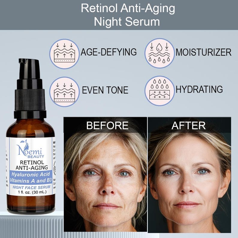May include: A brown glass bottle of Noemi Beauty Retinol Anti-Aging Night Face Serum, 1 fl. oz. (30 mL). The image includes the words "Age-Defying", "Moisturizer", "Even Tone", and "Hydrating". Before and after photos of a woman's face are also shown.