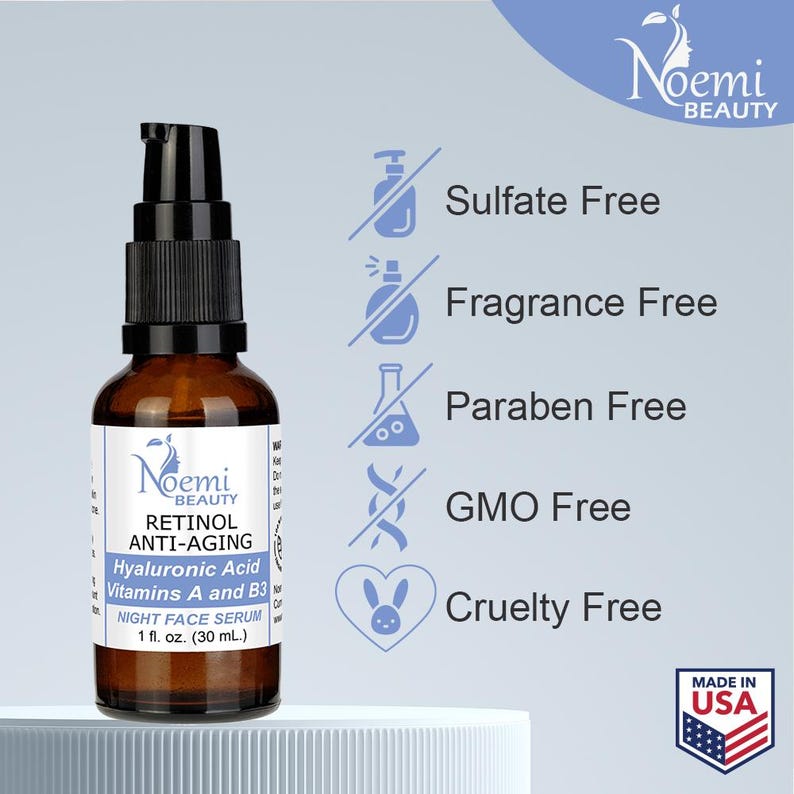 May include: A brown glass bottle of Noemi Beauty Retinol Anti-Aging Night Face Serum. The label indicates it contains Hyaluronic Acid, Vitamins A and B3. The bottle is 1 fl. oz. (30 ml.) and is Sulfate, Fragrance, Paraben, GMO, and Cruelty Free. Made in USA.