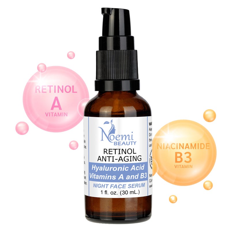 May include: A brown glass bottle of Noemi Beauty Retinol Anti-Aging Night Face Serum. The label includes "Hyaluronic Acid Vitamins A and B3" and "1 fl. oz. (30 mL.)". Pink and orange spheres with text highlight "Retinol A Vitamin" and "Niacinamide B3 Vitamin".