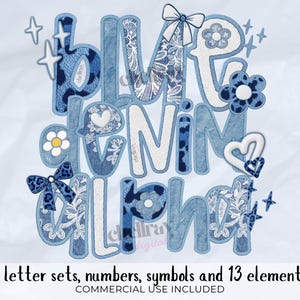 May include: A digital design featuring the words "Denim Alpha" in blue and white, with decorative elements like stars, flowers, and bows. The design includes 4 letter sets, numbers, symbols, and 13 elements. Commercial use is included.