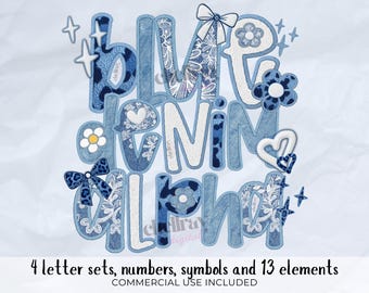 Preppy Blue Denim Alpha PNG Letter Set, Faux Embroidery, Stitch Outline, Lace Alphabet Numbers and Punctuation PNGs, For Commercial Use