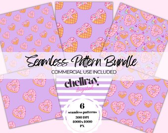 6 Purple Donut Heart Seamless Pattern Bundle, Commercial Use, Digital Download, Valentines Day