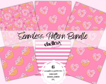6 Pink Heart Donut Seamless Pattern Bundle, Commercial Use, Digital Download, Valentines Day