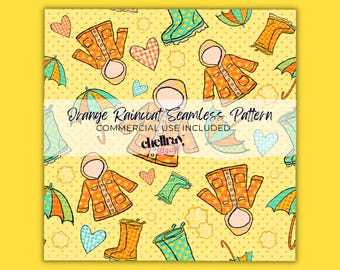Orange Raincoat Seamless Pattern, For Commercial Use, Yellow Rain Boots Umbrella Print, Fun Spring Design