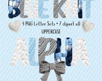 Blue Knit Alpha PNG Letter Set, Winter Crochet Doodle Letters, Yarn Doodle Letters, For Commercial Use