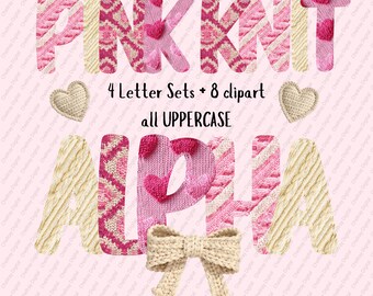 Pink Knit Alphabet PNG Set, Faux Yarn Alpha Clipart, Doodle Letters, Valentines Crochet Alpha Set, Commercial Use