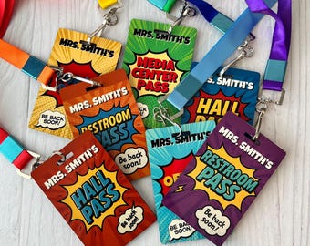 Personalized Teacher Hall Pass Set with Lanyards: Custom Classroom Passes Comic Book design