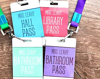Personalized Teacher Hall Pass Set with Lanyards: Custom Classroom Passes Color Block Design