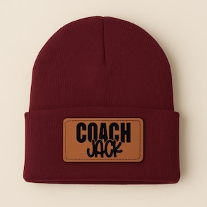 Personalized Coach Beanie: Engraved Leatherette Patch Hat