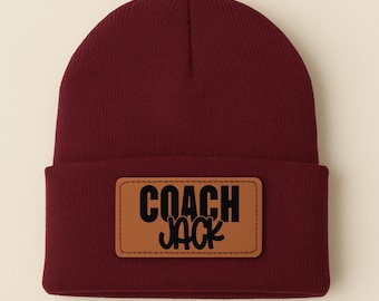 Personalized Faux Leather Patch Beanie, Coach Gift - Etsy display picture 3
