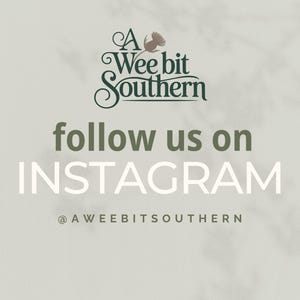 May include: A light gray graphic sign featuring the dark green text A Wee bit Southern with a thistle icon above it. Below this, the text follow us on INSTAGRAM appears in dark green and white, followed by the handle @AWEEBITSOUTHERN in dark green.
