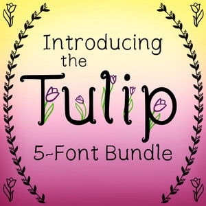 Paquete de fuentes Tulips: Letras floridas, Procreate descargable, Números decorativos, Fuente de letras, Bordado de fuentes de diseñador, Carta decoradora