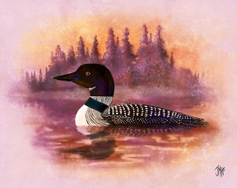 May include: A loon swims in a lake with a misty forest background. The loon has black and white feathers and a red eye. The water is a light pink color and the forest is a purple color.