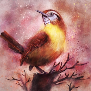 Carolina Wren Painting Canvas Wall Art Print Nature Gift for Bird Lover Contemporary Painting Gouache Wren Bird Arts Wren Decoration